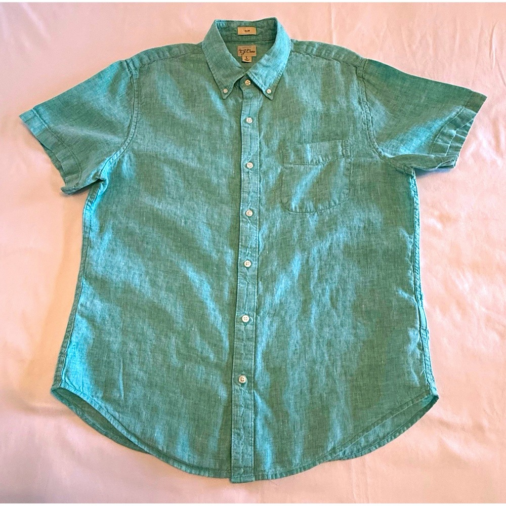 J.Crew Slim Baird McNutt Irish Linen Short Sleeve Shirt Teal BE557 Mens L